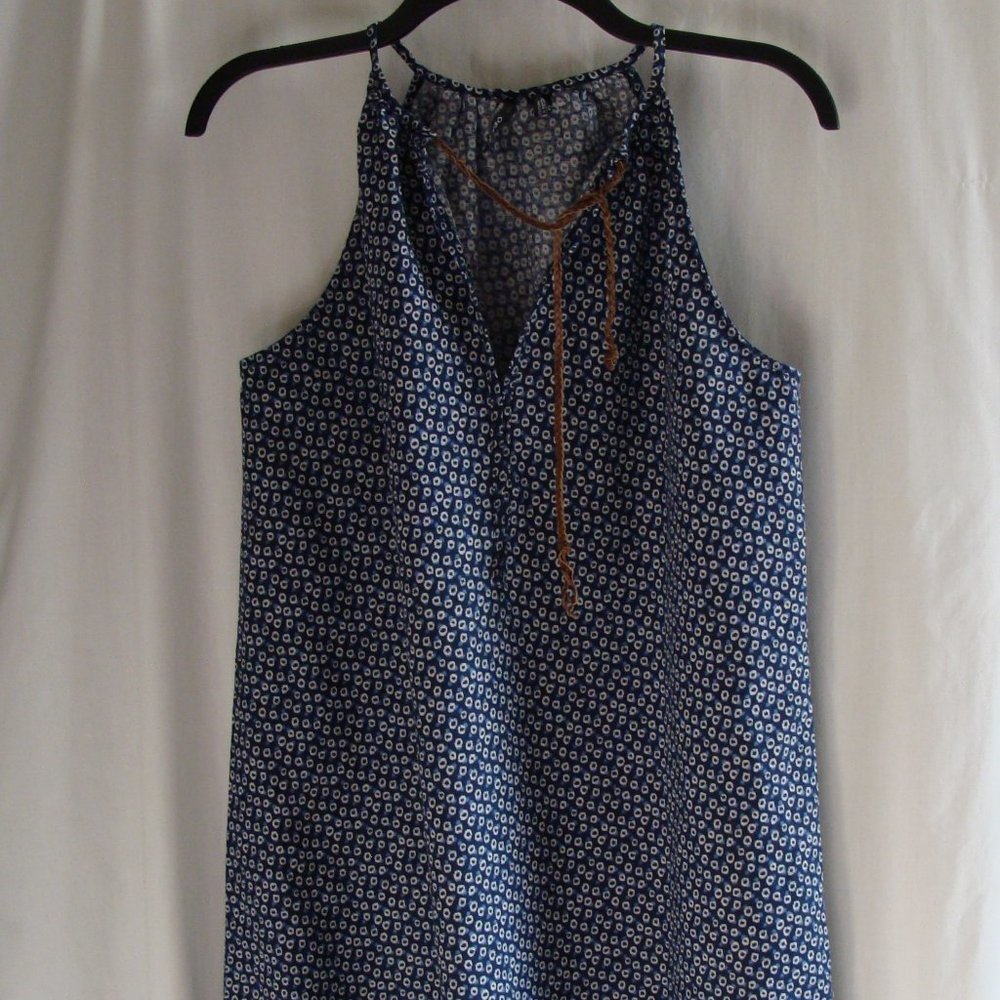 MANGO Blue & White Spaghetti Strap LINEN Blend TANK DRESS Sz 4
